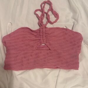 SHEIN Pink Textured Braided-Halter Crop Top